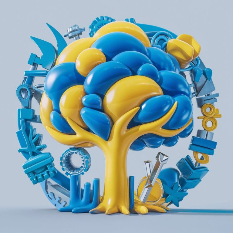 Une illustration de rendu 3D vibrante, représentant un arbre stylisé dans des teintes bleues et jaunes éclatantes, symbolisant la durabilité, la croissance durable et l'utilisation responsable des ressources. L'arbre est entouré de divers symboles représentant différents aspects de la société, comme un marteau et une clé pour l'industrie, un livre pour l'éducation et un cœur pour la compassion. La composition globale est conçue pour évoquer un sentiment d'unité et d'harmonie, en mettant l'accent sur l'importance de contribuer positivement à la société et de préserver notre planète pour les générations futures.